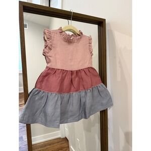 New The Oaks Apparel Linen Kids Girls Pink Mauve Gray Tiered Ruffle Dress Size 2